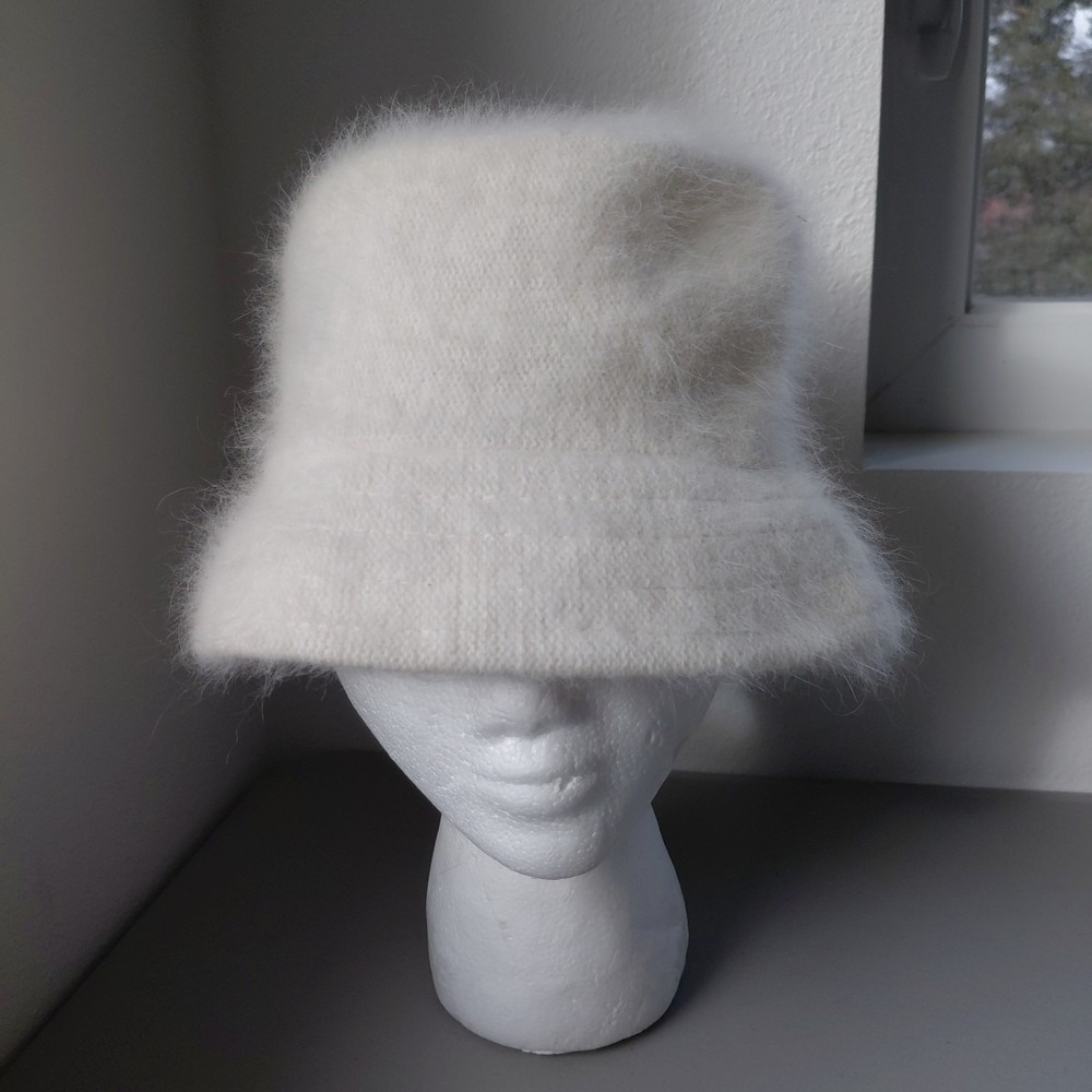 Snow White Fuzzy Angora Bucket Hat One Size Knit Hip Hop Winter Warm Preppy Chic - Picture 4 of 6